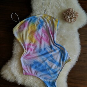 BEVERLY vintage 80s tie dye bodysuit, colorful ribbed cotton lingerie teddy, retro cozy cute lingerie onesie 1980s image 2
