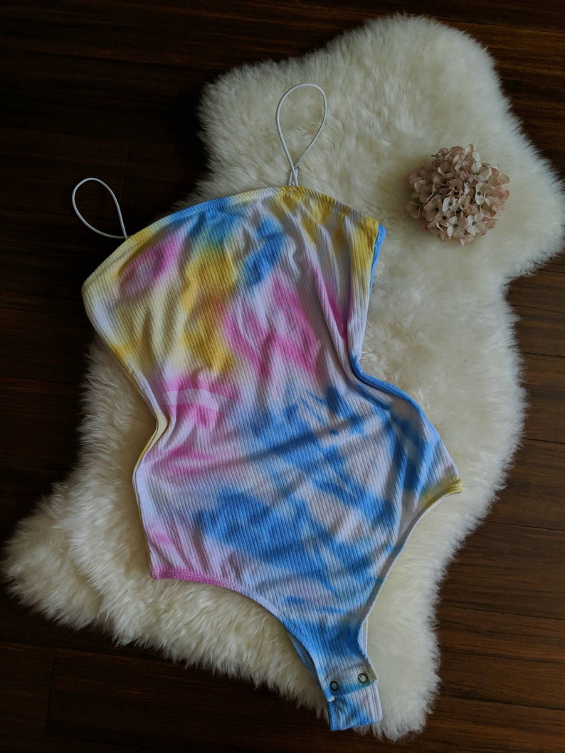 BEVERLY vintage 80s tie dye bodysuit, colorful ribbed cotton lingerie teddy, retro cozy cute lingerie onesie 1980s image 2