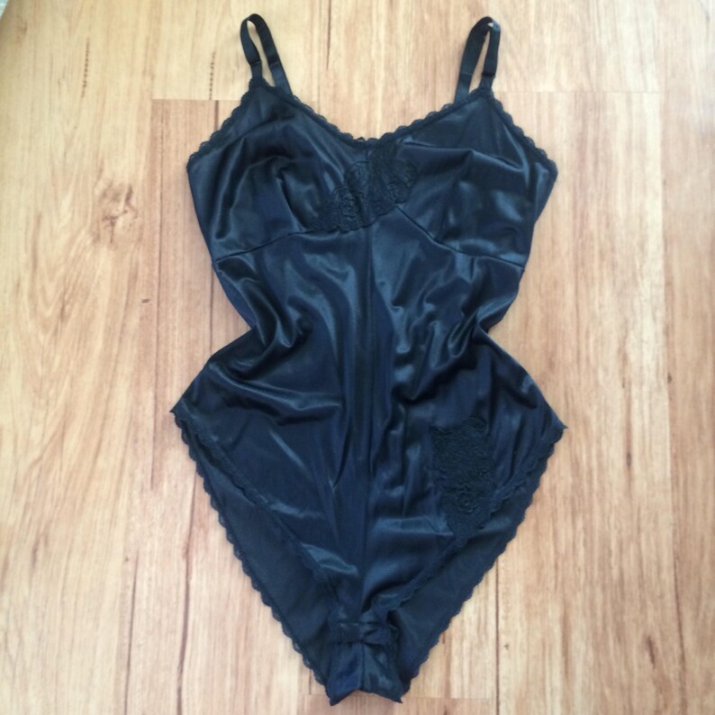 inky black lace trim pin up lingerie EARTHA 1960s retro bodysuit vintage satin teddy