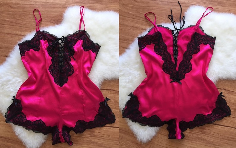 VENICE vintage hot pink satin teddy black floral lace lace | Etsy