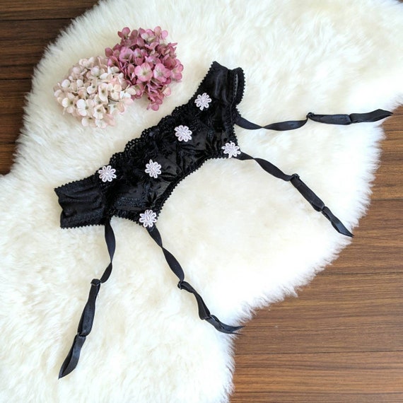 ROSALIND - vintage inky black four strap garter, … - image 1