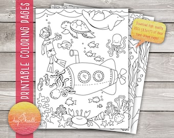 Ocean Fun Coloring Pages (3 Pages) - Snorkeling, Submarine, Marine Animals, Merpeople, Mermaids (Instant Download, Printable)