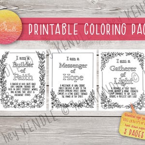 Può includere: Pagine da colorare stampabili con tre disegni. Ogni disegno presenta bordi floreali e testi ispiratori: "Costruttore di Fede", "Messaggero di Speranza" e "Raccoglitore di Luce". Disegnati a mano, disponibili in PDF.