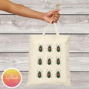 Hand-Painted Beetle Cotton Canvas Tote Bag, Bug Lover Gift, Nature Inspired Tote, Unique Bug Design Bag, Eco-Friendly Beetle Tote, Insect