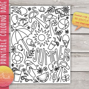 Könnte beinhalten: Schwarz-weiß ausdruckbare Malvorlage mit sommerlichen Illustrationen, darunter eine Sonne, Eiscreme, Flamingos und das Wort "SUMMER". Die Seite ist 21,6 x 27,9 cm groß und handgezeichnet. Der Text "PRINTABLE COLORING PAGE" befindet sich auf der linken Seite.