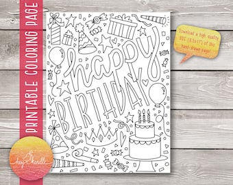 Happy Birthday Coloring Page - Instant Download - Birthday Cake, Birthday Party, Birthday Card