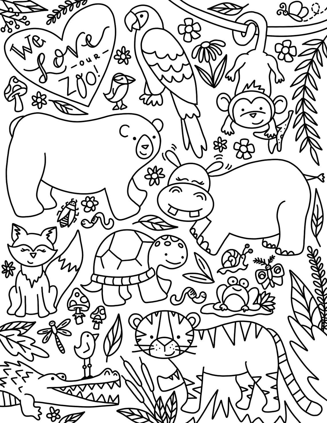 Zoo Coloring Pages Instant Download hand-drawn Featuring Lions, Tigers ...