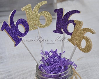 Sweet 16 Birthday Party, Number "16",  Glitter Cupcake Toppers- Set of 12