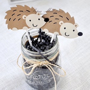 Woodland Creatures Animals - 2&quot; Hedgehog Cupcake Toppers - Hedgehog Party Decor- 1st First Birthday Party- Woodland Party- Set of 12