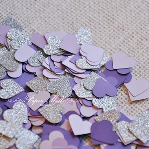 Variety of Purples and Silver Glitter Heart, Purple Wedding Confetti, Party Decoration, Bridal Shower, Bachelorette, Die Cuts Table Confetti