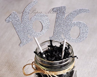 Sweet 16 Birthday Party, Number "16", Silver Glitter Cupcake Toppers- Set of 12