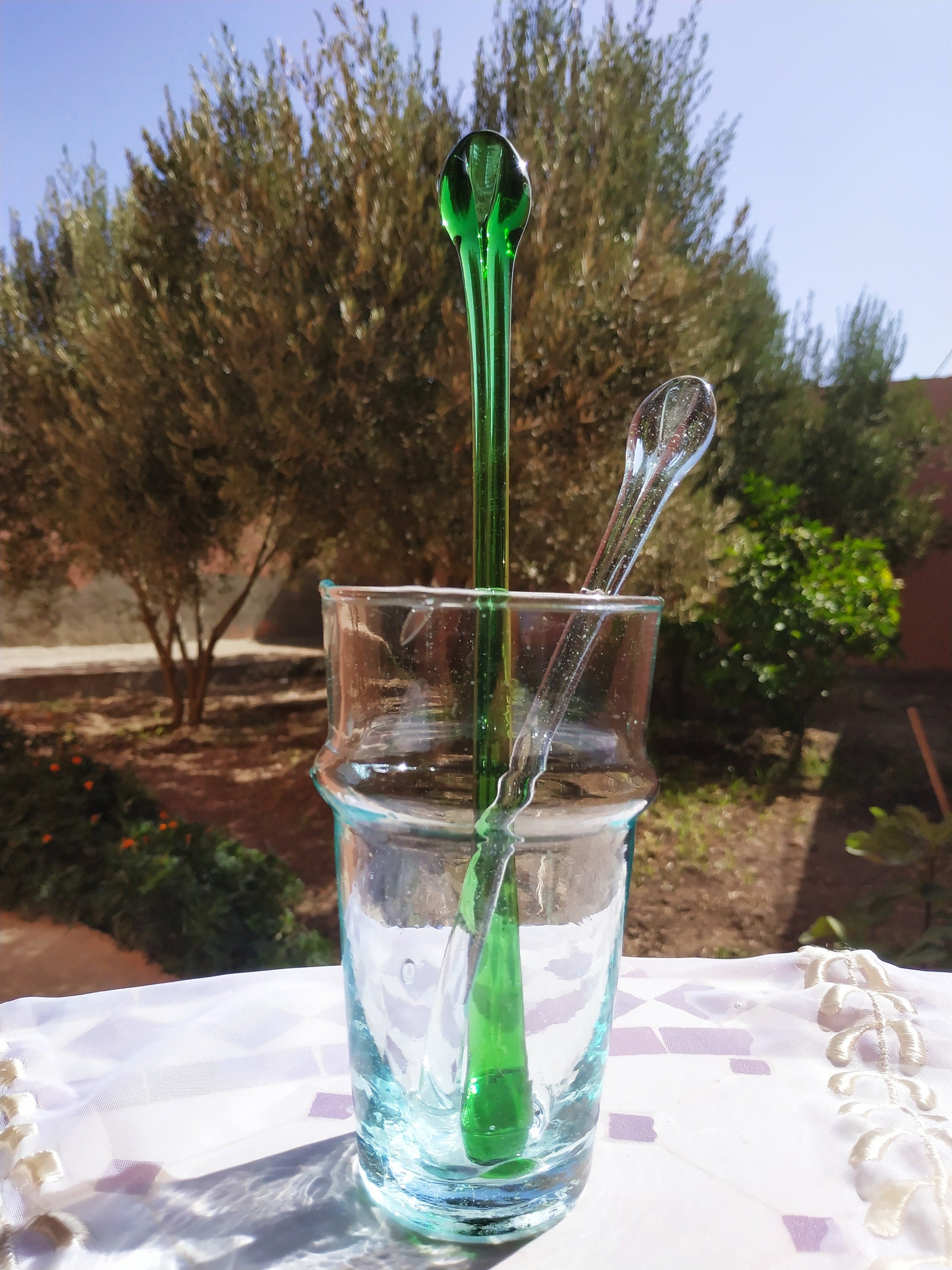 Cuillère Verre Beldi Du Maroc Pour Service A Thé Marocain et Carafe d'eau Soufflé Recyclé Recyclage 