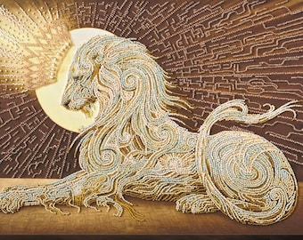 Aslan white lion, bead embroidery kit on natural cotton art craft set, wild animal pattern diy kit, handmade set, depicting gorgious lion