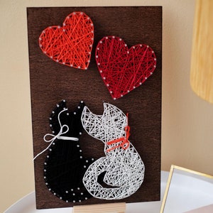 String art kit cats fall in love, thread string art heart, gift for couples, DIY kit, valentines day gift, hearts craft kit, date night gift