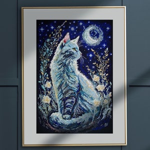 Cross stitch kit: cat in night, embroidery cat, diy kits, cat embroidery kit, christmas gift, hand embroidery craft kit, cute cross stitch