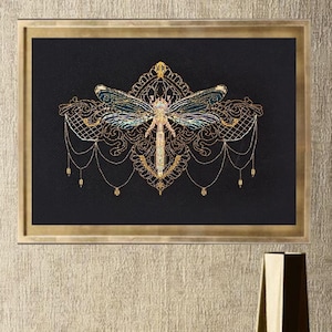 Сross stitch kit golden dragonfly, embroidery kit, new year gift, cross stitch wall art, diy kits, hand embroidery kit