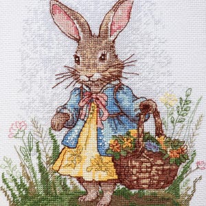 Cross stitch kit bunny in yellow dress with basket, spring bunny Abris Art kit, cross stitch wall art, diy kits, cute cross stitch