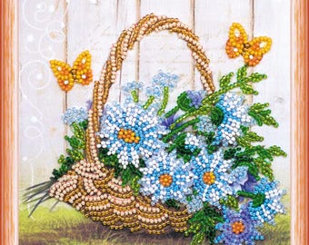 Bead Embroidery Kit White and Blue Flowers in Yellow Basket, Beading Bouquet DIY Kit Abris Art, Beadwork Floral Basket, Mom or grandma gift
