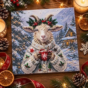 Peut inclure: Une toile de peinture diamant carrée représentant une chèvre portant un pull en tricot torsadé crème avec des accents verts et rouges. La chèvre porte une couronne de feuilles vertes et de baies rouges et tient une tasse rouge à motif flocon.