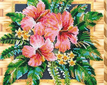 Bead embroidery kit "Tanzanian flowers", floral beadstitch, pink flowers beadwork, craft set art canvas, Abris Art, needlework, beading