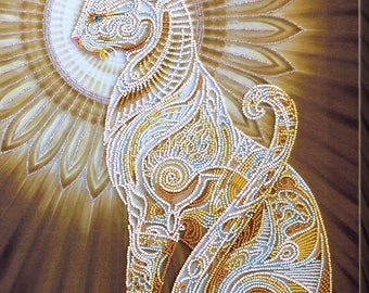 Bast, bead embroidery kit, egyptian godness beadwork, white cat beading, mysterious, sunny natural art canvas, cat lover gift idea