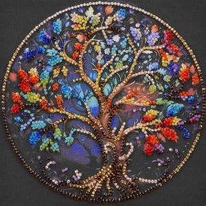May include: A circular artwork featuring a beaded tree of life design. The tree has a brown trunk and branches, adorned with colorful beads in shades of red, orange, yellow, green, blue, and purple. The artwork is set against a dark background and framed with gold beads.
