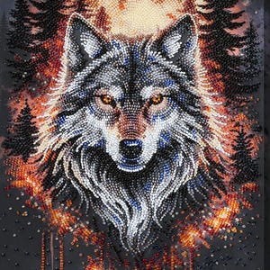 May include: A detailed beaded artwork of a wolf's head against a backdrop of a full moon and pine trees. The wolf's fur is rendered in shades of grey, white, and blue, with amber eyes. The background features a fiery, orange and red glow.