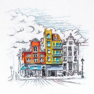 Cross stitch kit colored old town, DIY kit from Abris Art, embroidery house, traveler gift, old town wall art, cross stitch craft kit