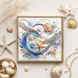 May include: A square framed wall art piece featuring a beaded mosaic design of a swirling blue ocean wave, golden musical staves, black musical notes, a tan starfish, and various seashells in shades of gold, tan, and white on a white background.
