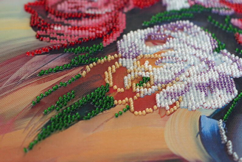 Picturesque peonies bead embroidery on natural art canvas depicting peonies