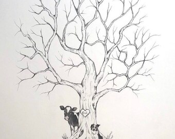 A2 Personalised Fingerprint tree guestbook picture. Hand drawn with additional features A2.