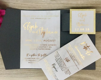 Marble and Gold Invitation, Gold Foil Wedding Invitation Sample, Pocket Fold Invitation, Invitation Set, Foil Invitation, Printed Invitation