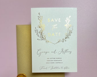 Save the Date Crest Wedding Invitation in Gold Foil, Printed invites, Invitation Suite, Bridal Shower, Baptism, Christening