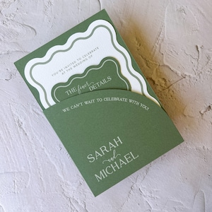 Arch Pocket Layered Modern Wave Wedding Invitation Set in Sage Green, die cut shape, Printed Christening - Baptism - Birthday - Engagement