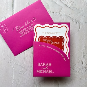 Juego de invitaciones de boda con diseño moderno de ondas y capas en arco de bolsillo en rosa fuerte y naranja quemado, forma troquelada, impresas para bautizo, cumpleaños y despedidas de soltera