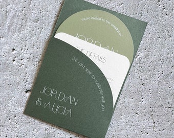 Arch Pocket Layered Modern Wedding Invitation Set in Sage Greens, die cut shape, Printed Christening - Baptism - Birthday - Engagement