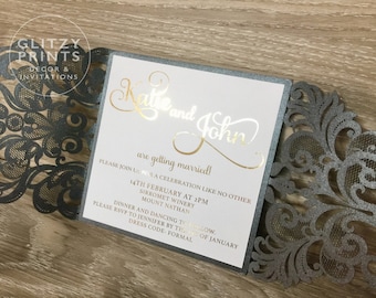 Gold Foil Wedding Invitation Sample, Laser Cut Invitation, Invitation Set,  Black and Gold, Printed Foil Invitations,  Christening