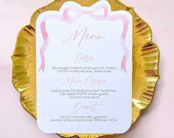 Pink Bow Printed Wedding Menu,  Die Cut for Hen's, Bridal Shower, Birthday, Christening, Baptism