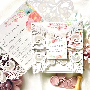 Laser Cut Rustic Wedding Invitation - Floral Invitations - Printed Invites - Boho Invitation Set - Suite - Christening - Baptism - RSVP