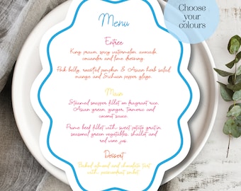 Gedrukte golvende ovale trouwmenu's, blauw, saliegroen, oudroze, roestkleurige kaarten IN ELKE KLEUR, geschulpte rand, golfvorm