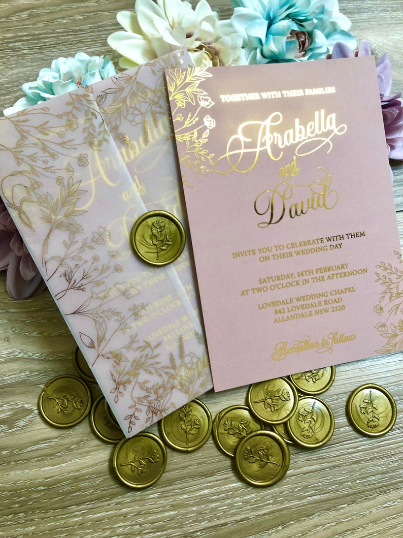 Vellum Wax Seal Gold Foil Wedding Invitation Blush Pink Etsy