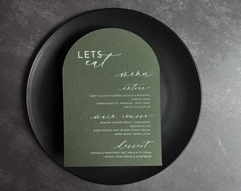 Wave, Arch, Sail Shape Printed Modern Wedding Menu in Seedling Green or Choose Your Colour, White Ink Printing, Invitations, Place Cards