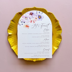 Bogen-Menü, gedruckte Hochzeitsmenükarten, wählen Sie Ihre Form, Bogen, Welle, Kreis, Halbkreis, Segel, gestanzt