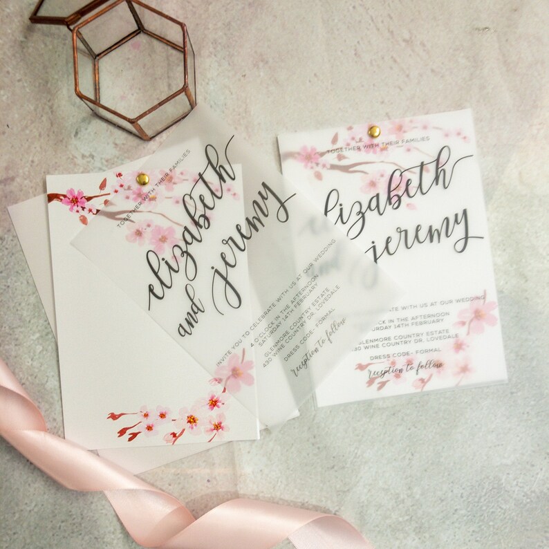 Vellum Cherry Blossom Flower Wedding Invitation clear translucent Birthday Christening Save the Date Baptism Invite Printed