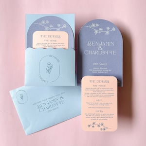 Ensemble de faire-part de mariage imprimé pastel superposé moderne avec poche Wave en bleu poudré et rose poudré, forme découpée