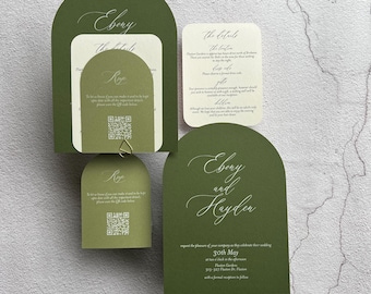 May include: Green and white wedding invitation suite with a modern calligraphy font. The invitation features the names "Ebony and Hayden" and the date "30th May". The details card includes information about the ceremony and reception.