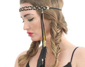 Braided chain bohemian, feather headband, hair chain.