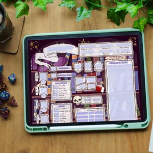 May include: A digital tablet displaying a fantasy role-playing game character sheet, with various sections for stats, skills, and notes. A collection of dice, a glass of iced beverage, and a blank notepad are on a wooden surface.