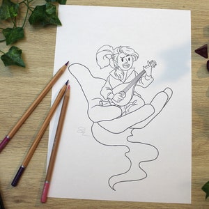 May include: A black and white line drawing of a cartoon character playing a lute. The character is sitting on a large hand with a cloud-like shape coming from the hand.
