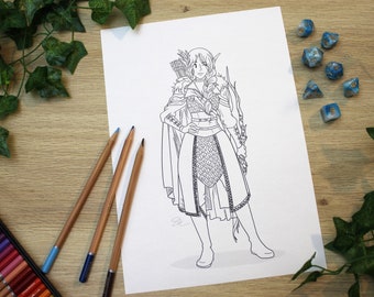 Página para colorear de Vex'ahlia, mitad elfo ranger: Fanart de Critical Role (Descarga digital)
